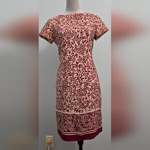 Talbots 100% silk shift dress peach & cinnamon batik-like print border sz 4P